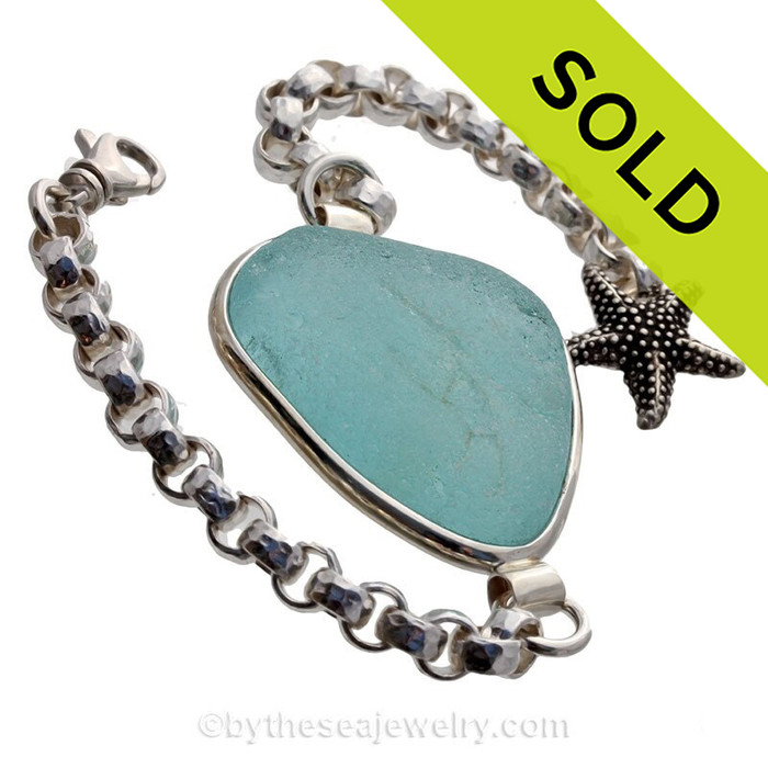 HUGE Vivid Aqua Sea Glass ID Bracelet set in our Premium Deluxe Wire Bezel© Solid Sterling Silver (