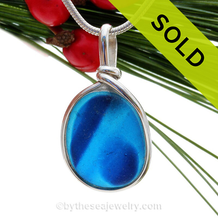 A Lovely Petite Mixture of Light and Dark & Blue  Seaham multi sea glass set in Solid Sterling Silver Deluxe Wire Bezel© pendant setting.