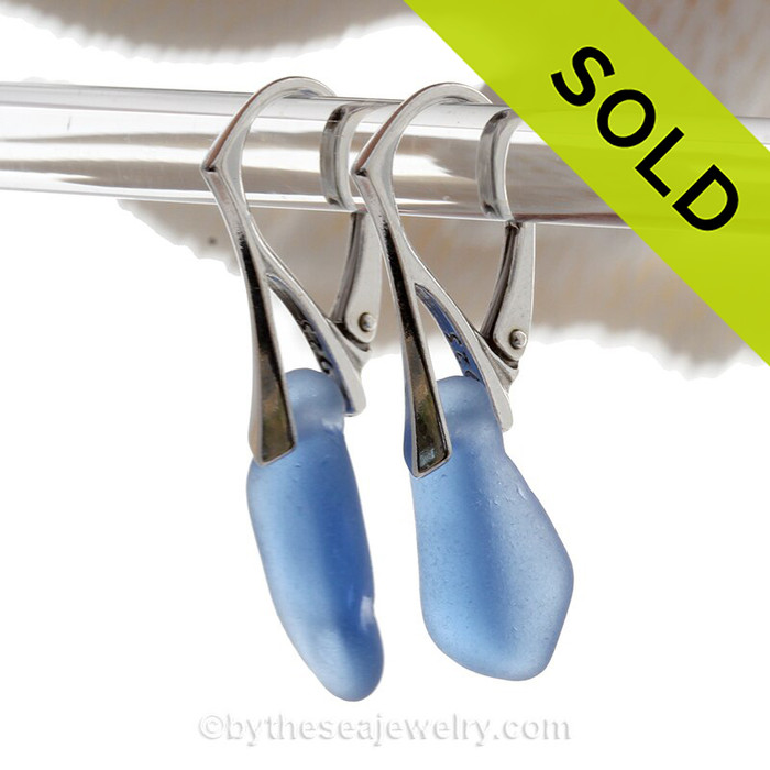 Long Chunky pieces of Carolina Blue Sea Glass on Solid Sterling Silver Leverbacks Earrings