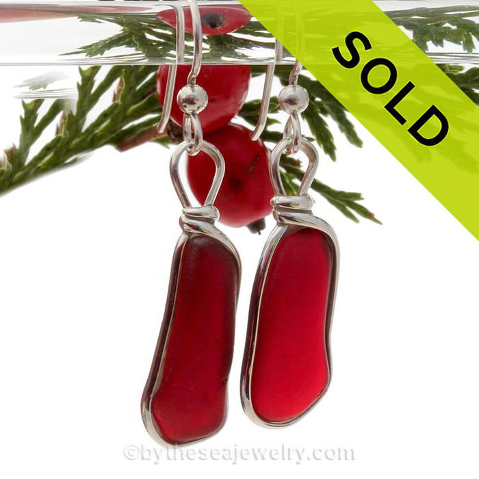 Long Genuine Beach Found Royal Red Ruby Sea Glass Earrings In Solid Sterling Original Wire Bezel©