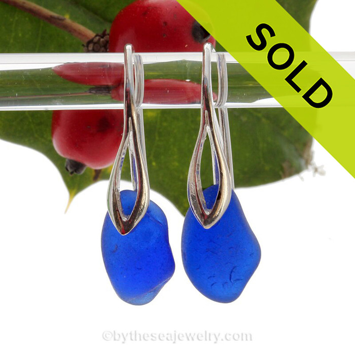 Chunky Genuine Blue Sea Glass Earrings on Sterling Deco Style Hooks.