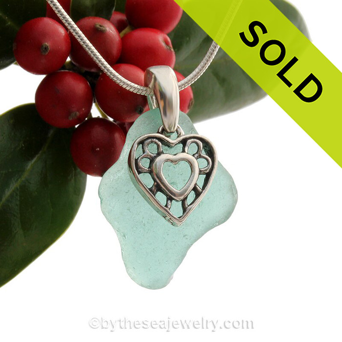 Aqua Love - Deep Aqua Sea Glass Necklace With Sterling Silver Hearts Charm - 18" Sterling Snake CHAIN INCLUDED!