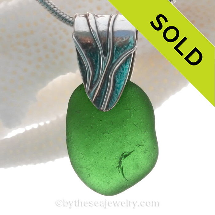 Smaller Vivid Green Sea Glass Necklace On Solid Sterling Sterling Coral Branch Bail
