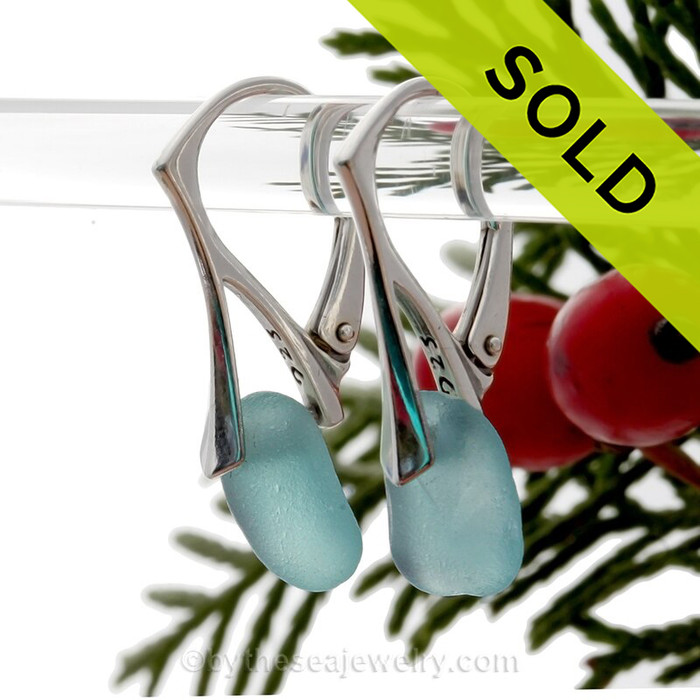 Genuine Beach Found Lovely Pale Aqua Blue Sea Glass Earrings on Solid Sterling Silver Leverbacks