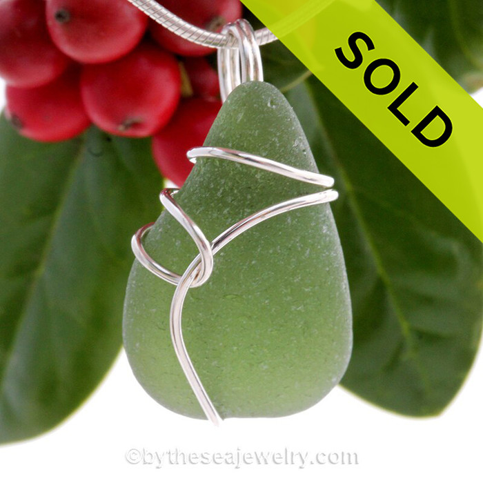 Thick Seaweed Green Sea Glass Pendant In Sterling Deco Side Setting 
