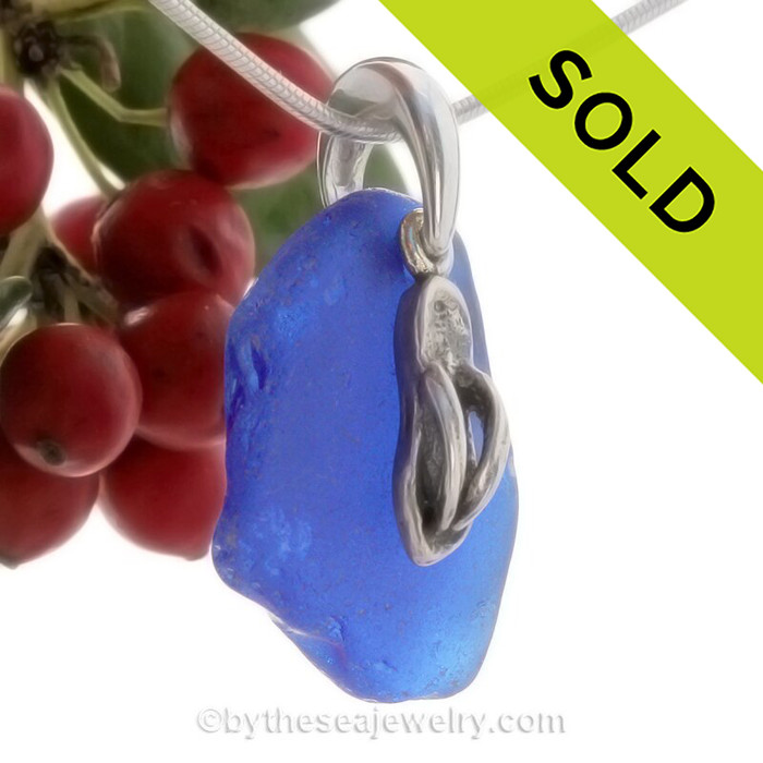 Coablt Blue Sea Glass With Sterling Silver Flip Flop Charm - 18" STERLING CHAIN INCLUDED