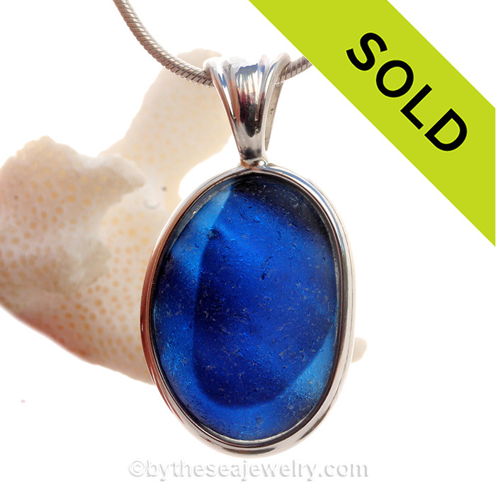 L-A-R-G-E Mixed Midnight Blue English Sea Glass In Sterling Silver Deluxe Wire Bezel© Pendant