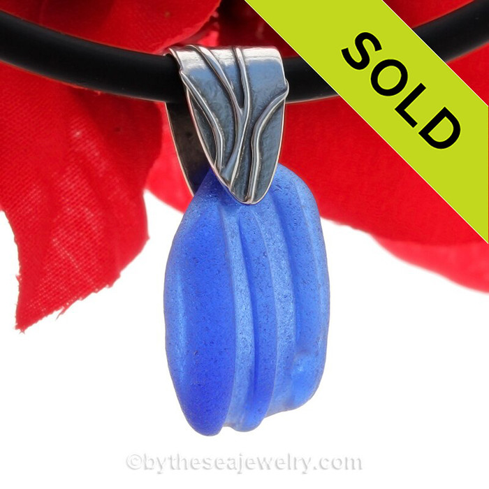 Large Ridge Blue Sea Glass Necklace on 4MM Neoprene Cord with Sterling Clasps