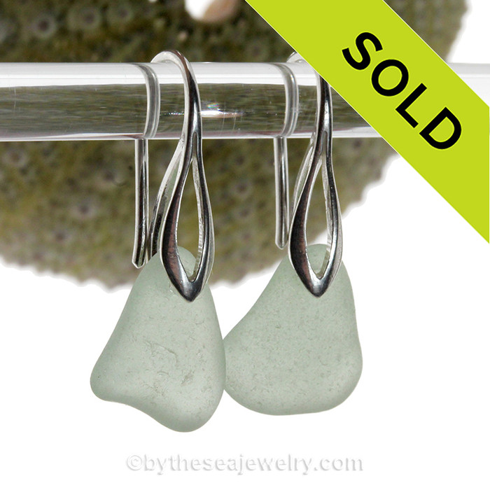 Perfect triangles of Sea Green Sea Glass Earrings on Solid Sterling Deco Hooks