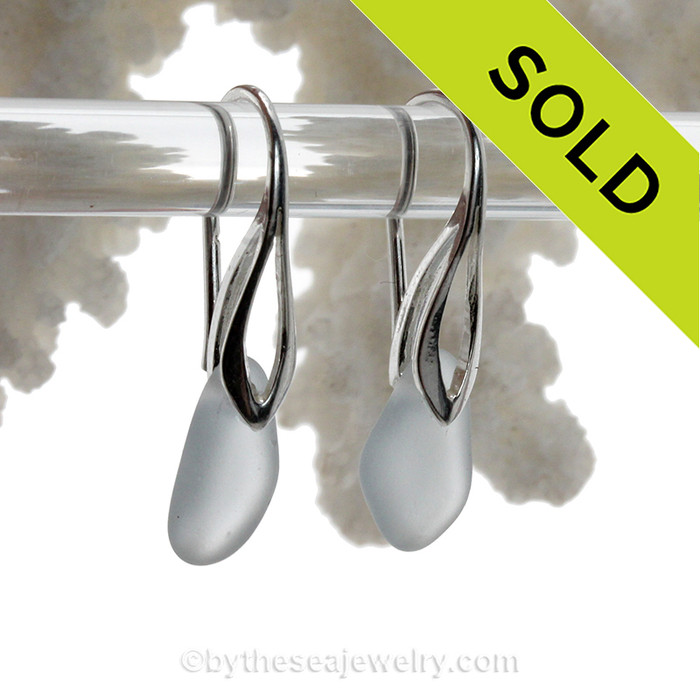 Pale Silky Light Blue Sea Glass Earrings on Solid Sterling Deco Hooks