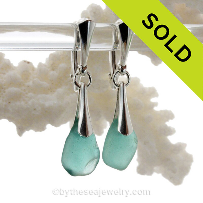 Aqua Blue Genuine Sea Glass on Solid Sterling Silver Deluxe Dangly Leverbacks