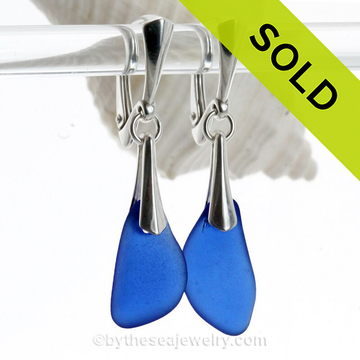 Long pieces of Vivid Cobalt Blue Genuine Sea Glass Solid Sterling Silver Dangly Deluxe Leverback Earrings.