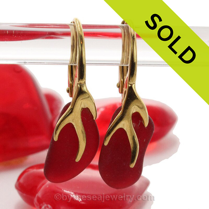 Real Ruby Red Sea Glass Earrings on 24K Gold Vermeil Coral Branch Earrings