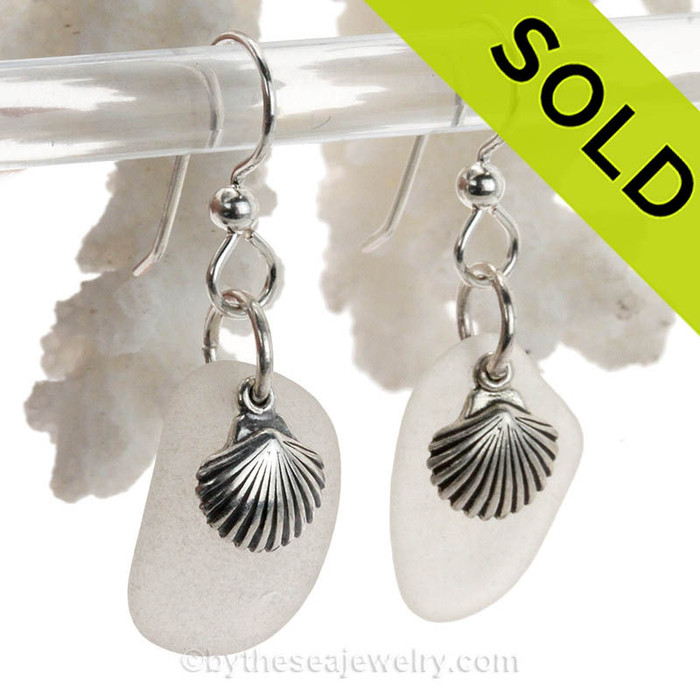 Larger Sea Glass Earrings In Pure White on Sterling Silver With S/S Shell Charms