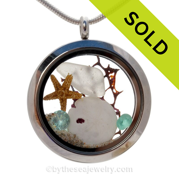 White Sea Glass Locket With Sandollar & Aquamarine Crystal Gem - March Birthstone 