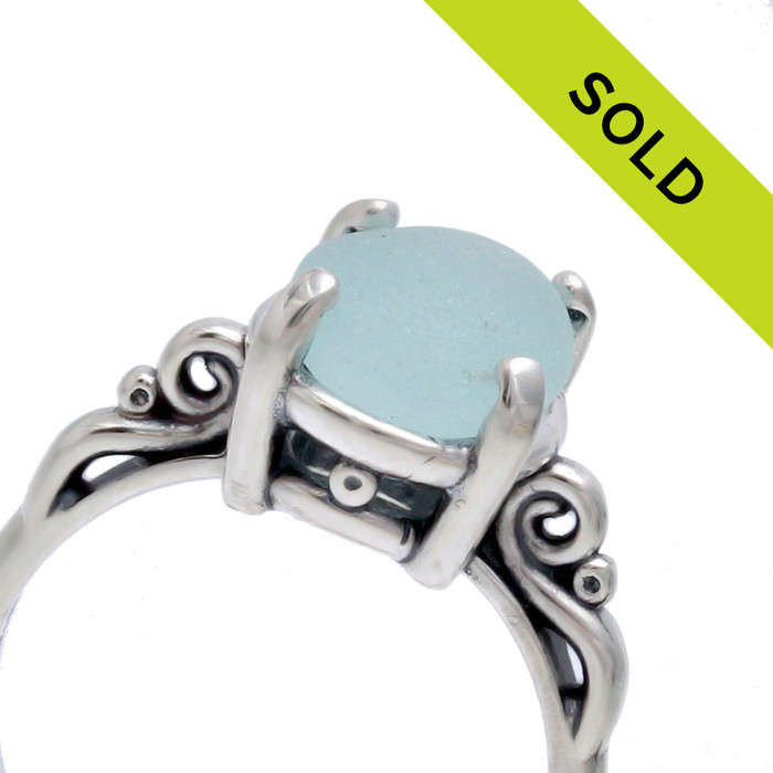 Pale Baby Blue Genuine Sea Glass Scroll Ring Sterling - Size 8