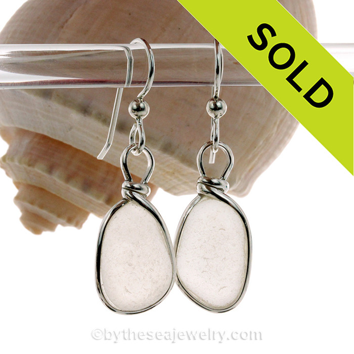 Natural UNALTERED and P-E-R-F-E-C-T white Sea Glass Earrings set in our Original Wire Bezel© setting in solid sterling silver.