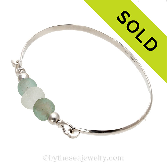Pure White English Sea Glass in a Solid Sterling Bangle Bracelet