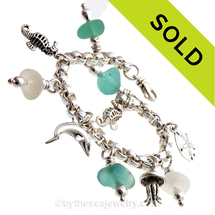 Tropical Dreaz- Genuine Green Sea Glass Charm Bracelet With Sealife Charms