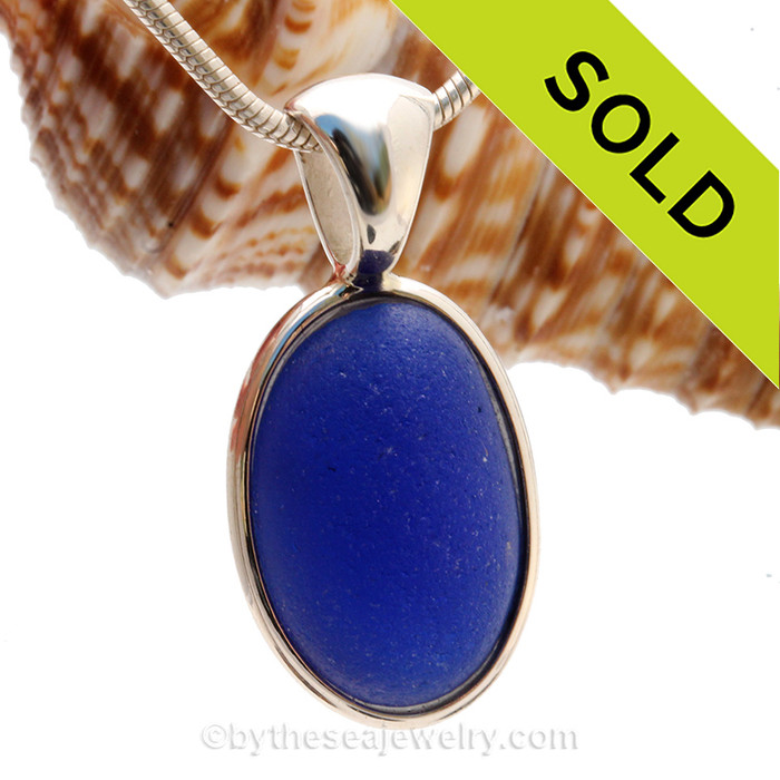 Thick Cobalt Blue English Sea Glass In Sterling Silver Deluxe Wire Bezel© Pendant