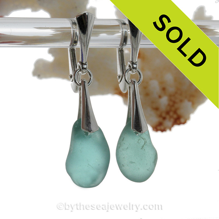 Teardrops of Thick Aqua Blue Genuine Sea Glass on Solid Sterling Silver Deluxe Dangly Leverbacks