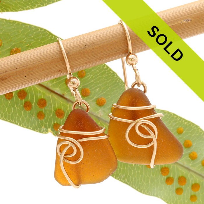 Amber Brown Sea Glass Earrings In 14K Rolled Gold Sea Swirl
