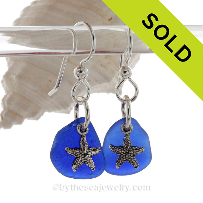 Smaller Cobalt Blue sea glass pieces are set with solid sterling  starfish charms and are presented on sterling silver fishook earrings.