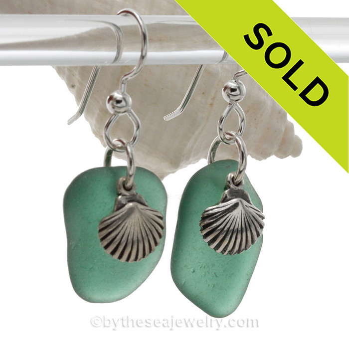 RARE and LARGE Deep Aqua Green Sea Glass Earrings W/ Solid Sterling Shell Charms