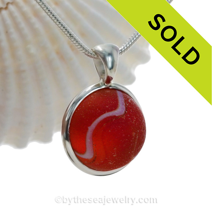 Unusual Super Ultra Rare Orange/Red and White Marble Pendant In Deluxe Solid Silver Sterling Wire Bezel.