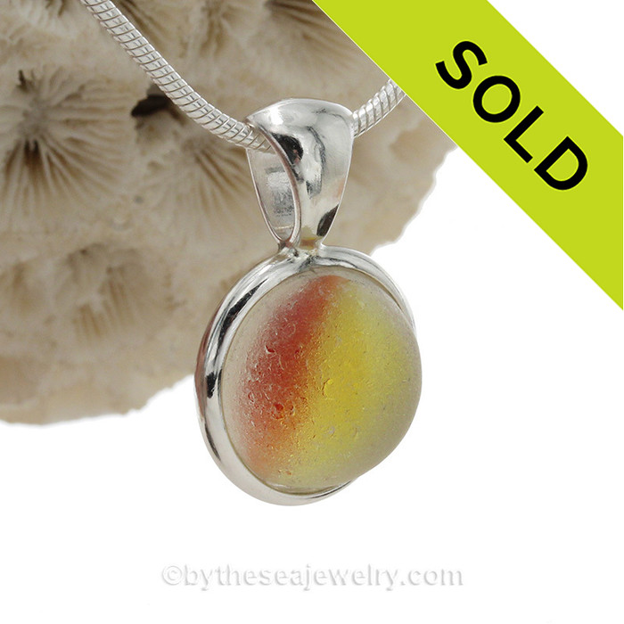 Rare Orange and Yellow Catseye Beach Found  Marble Pendant In Deluxe Solid Silver Sterling Wire Bezel.