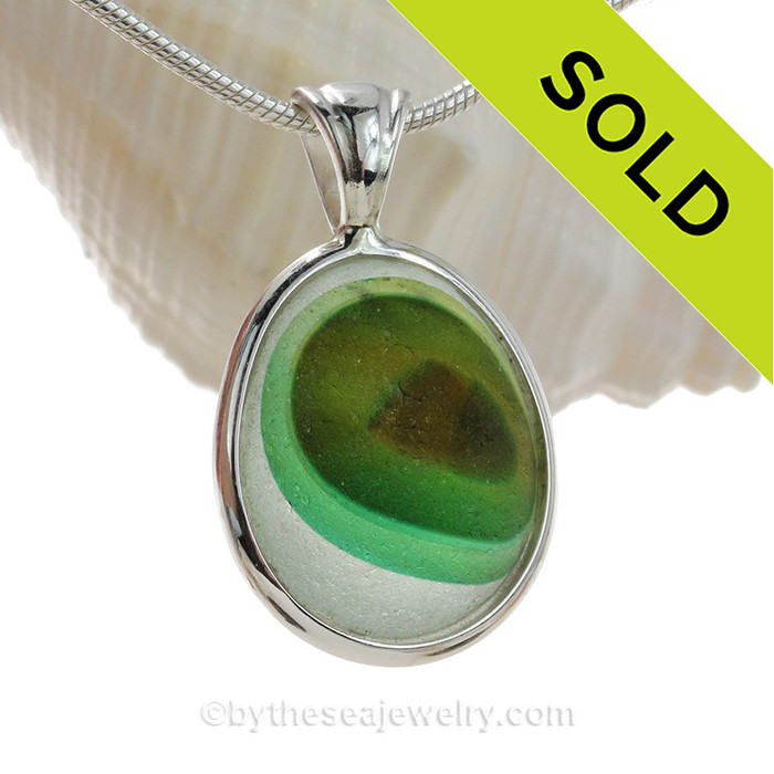  Ultra Rare Electric Green Seaham Sea Glass Pendant In Deluxe Sterling Wire Bezel©