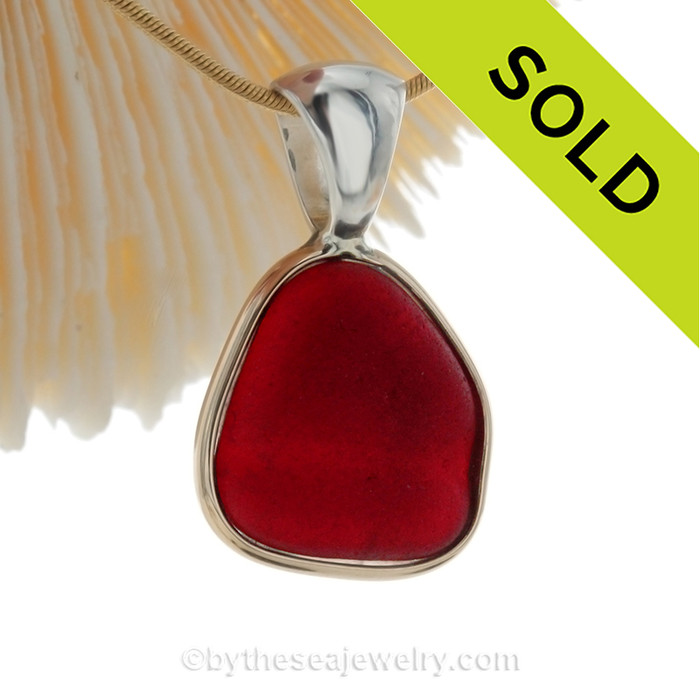 Ridged Ruby Red Sea Glass Pendant In Tiffany Deluxe Wire Bezel© Gold & Silver Mix