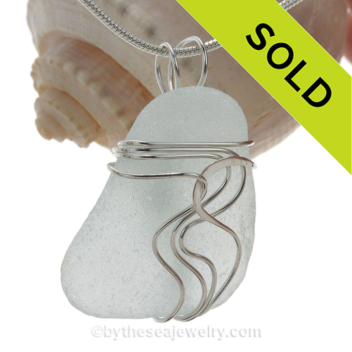 Large Aqua White Genuine Sea Glass Sterling Waves© Signature Sterling Setting Pendant