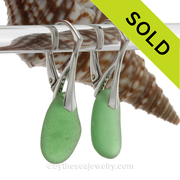 Long thick Green Sea Glass Earrings on Sterling Silver Leverbacks