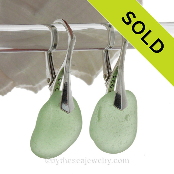 Seafoam  Beach Found Green sea glass Earrings on solid Sterling Silver Leverbacks. 