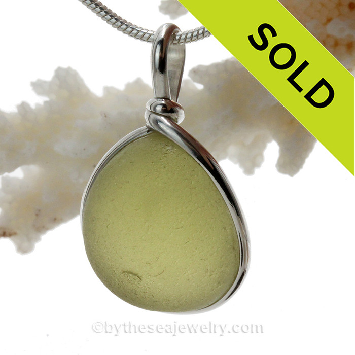 Great piece of natural Seaweed Green Genuine Sea glass in my Original Sterling Silver Wire Bezel© a simple design that lets all the beauty of this glass shine.