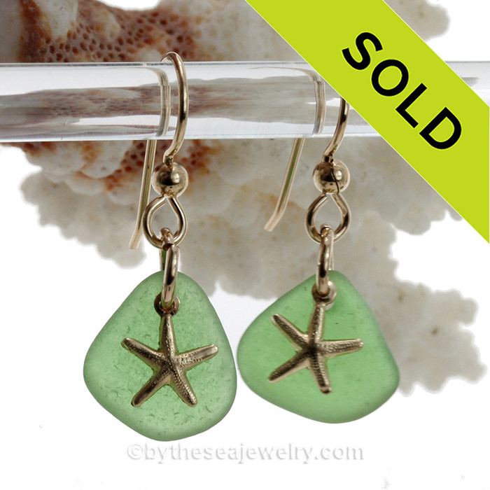 Bright Green Sea Glass Earrings On Gold With G/F Starfish Charms