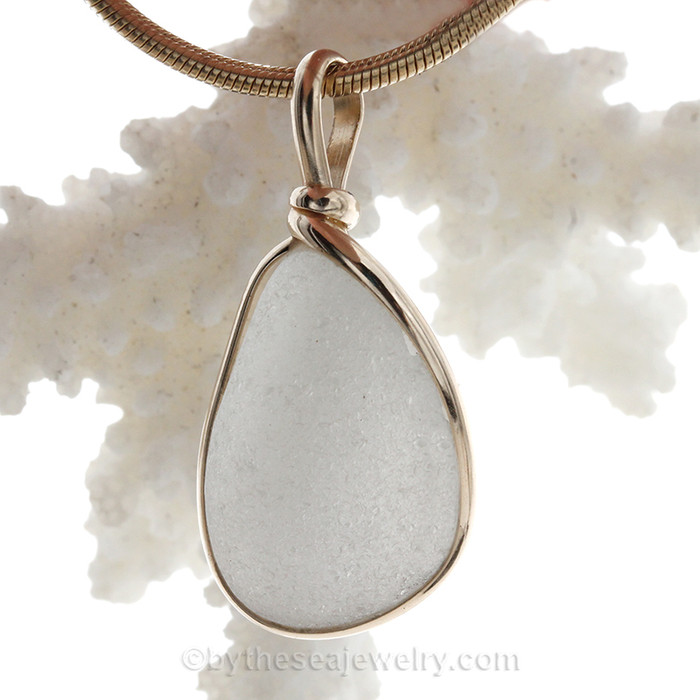 Pure White - A love pure white sea glass set in our Original Wire Bezel© pendant setting with 14K rolled gold.