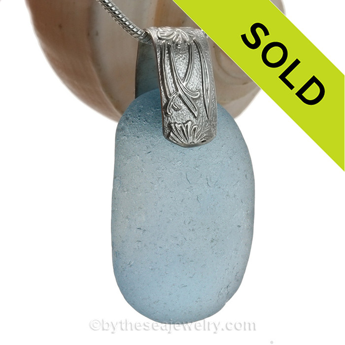 LARGE and THICK Carolina Blue Beach Sea Glass Pendant on a By The Sea Sterling crafted Art Deco Bail.