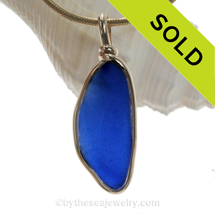 Long Cobalt Blue Genuine Sea Glass pendant set in our 14K Goldfilled Original Wire Bezel.