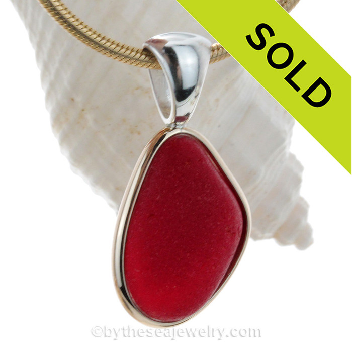 Vivid PERFECT Cherry  Red Sea Glass Pendant In Tiffany Deluxe Wire Bezel© Gold & Silver Mix