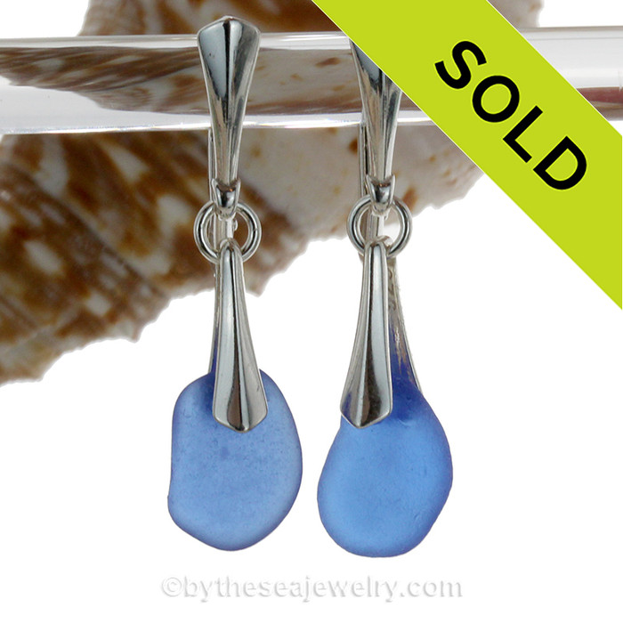 Vivid Cobalt Blue Sea Glass on Solid Sterling Silver Deluxe Dangly Leverbacks