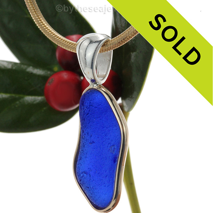 Natural Irregular Shaped Blue Sea Glass In Tiffany Deluxe Wire Bezel© Necklace Pendant