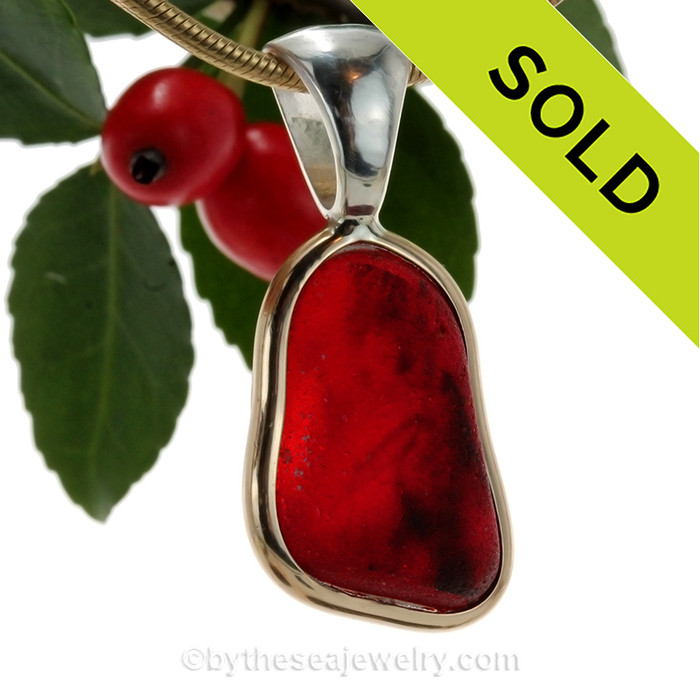 Fire Inside End Of Day Ridged Red Sea Glass Pendant In Tiffany Mixed Deluxe Wire Bezel© 