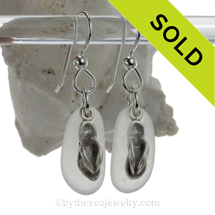 Sea Glass Earrings In Pure White on Sterling Silver With Flop Charms