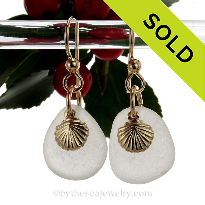 White Genuine Sea Glass Earrings W/ Goldfilled Shell Charms