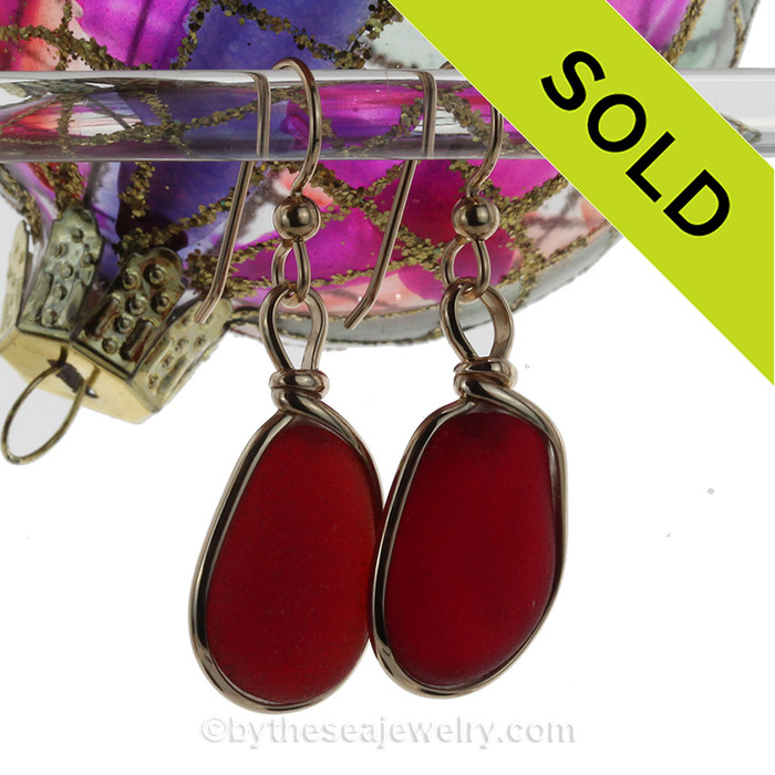 A VERY LARGE pair of Genuine Vivid Red Sea Glass Earrings set in gold in our Original Wire Bezel© setting.