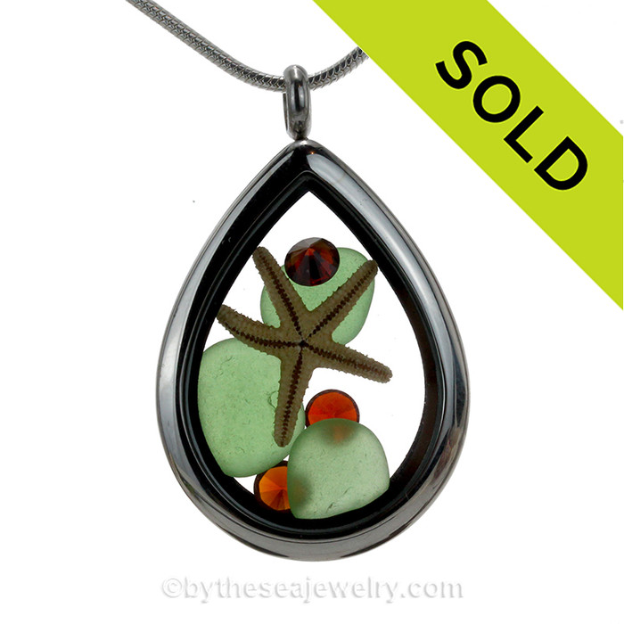 Beautiful  piece of genuine  Green sea glass  a real starfish, a bit of vintage sea fan, in this water drop shaped solid Stainless Steel Magnetic Locket. . A FREE 24 Inch chain is included but Sterling options are available.