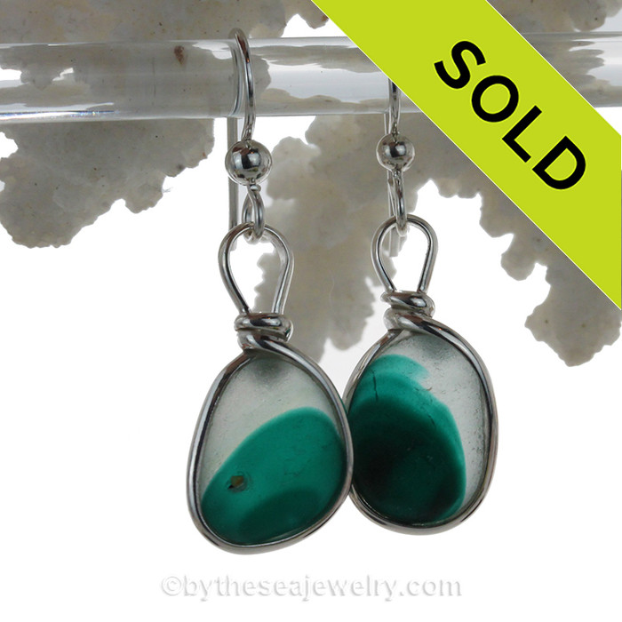 Unusual and hard to match Teal Green multi End Of Day sea glass from England set in our Original Wire Bezel© sea glass earring setting. This is a VERY HARD sea glass to match and is a once in a lifetime pair!