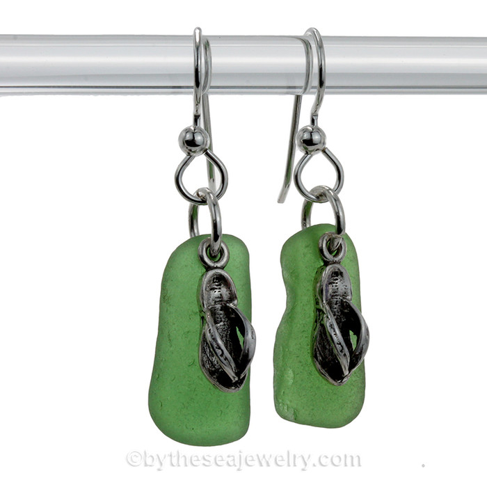 Large Long Green Sea Glass Earrings W/ Solid Sterling Flip Flop Charms